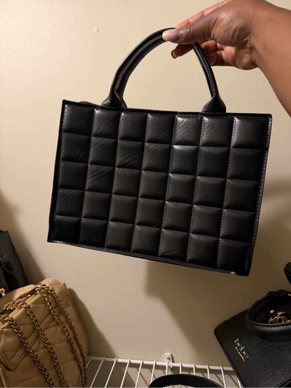 Black Quilted Top-Handle Tote Bag